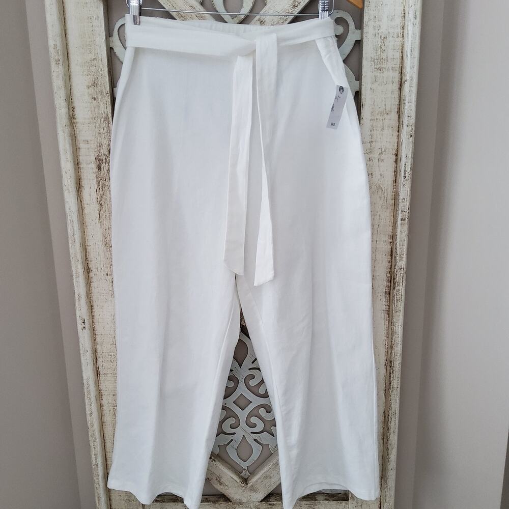 Emaline Pull on Elastic Waist Belted Cotton Linen White Cropped Flare Pants